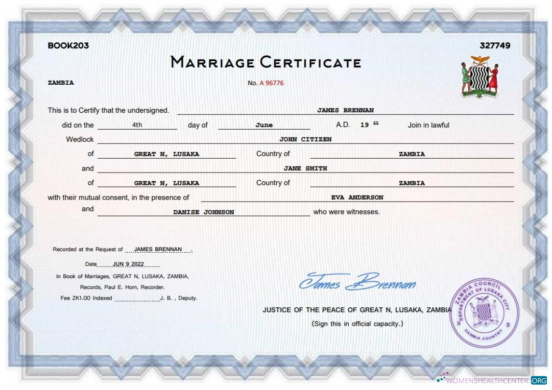 Download Zambia marriage certificate Word and PDF template Photoshop template